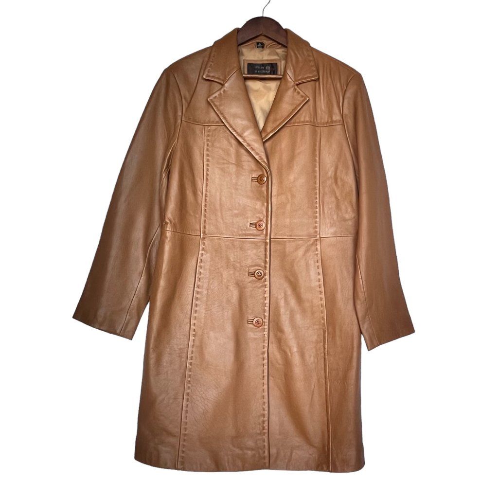 Reilly Olmes Womens Camel Tan Button Up Lined Leather Coat MidThigh Size Large